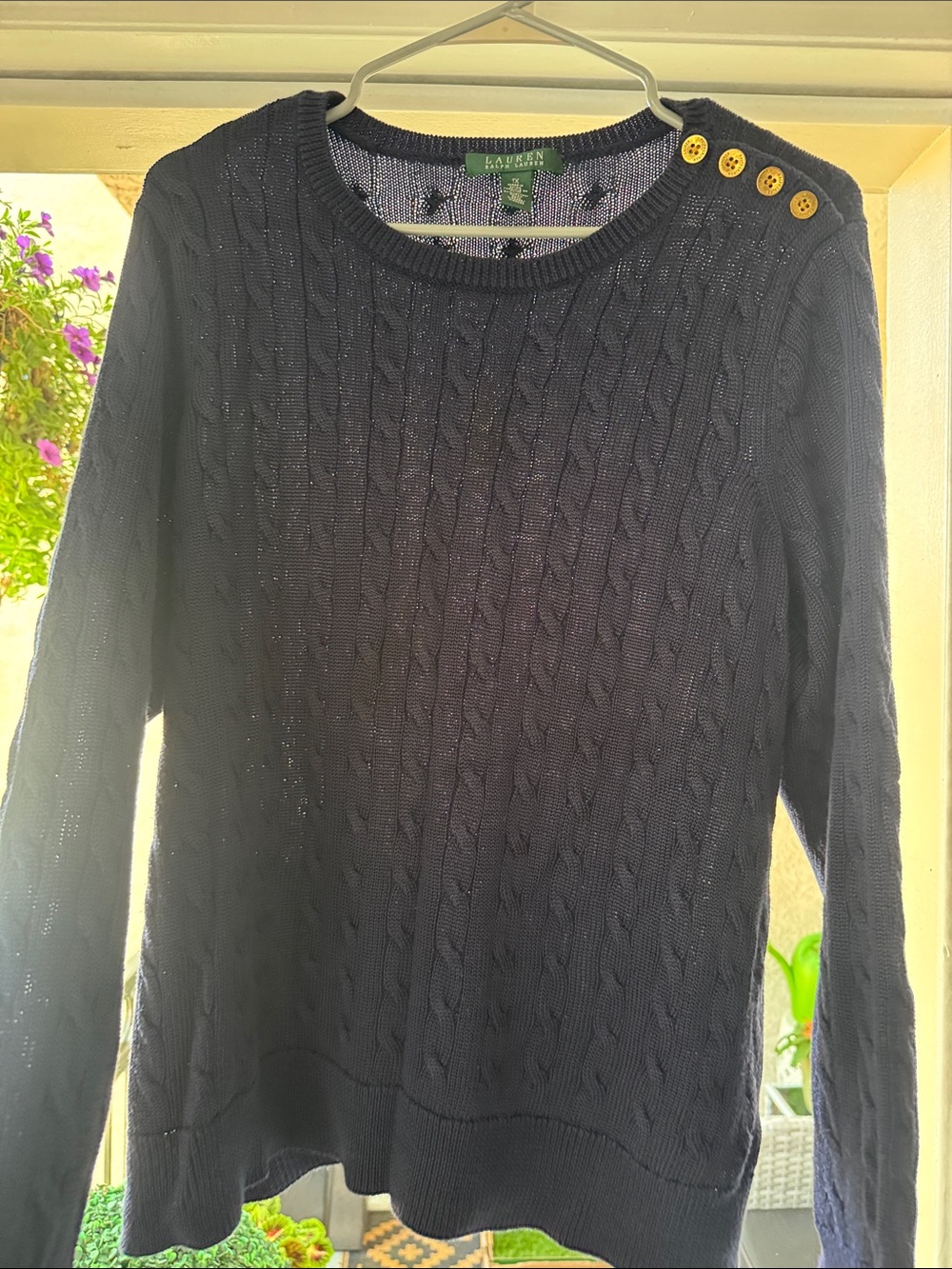 Ralph Lauren Navy Cable Crewneck Sweater with Gold Buttons